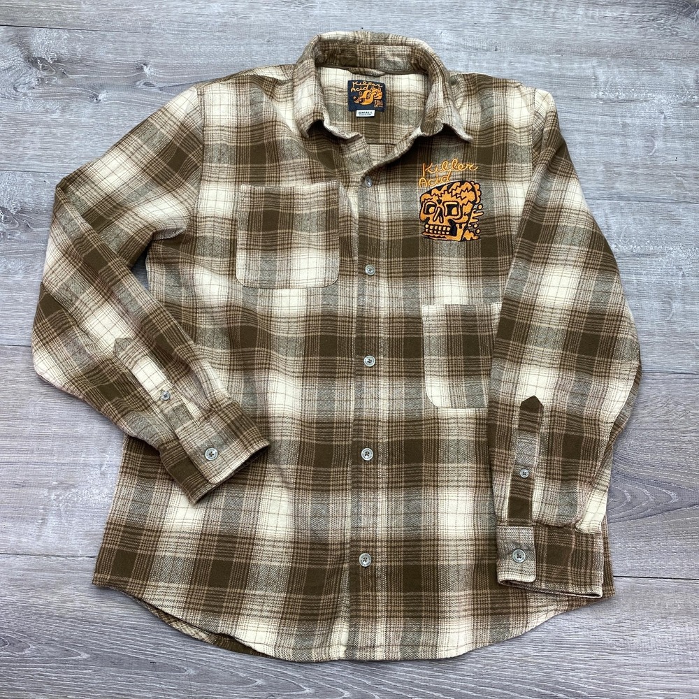 Killer Acid Shirt Mens Small Brown‎ Plaid Flannel Long Sleeve Button Up Skull